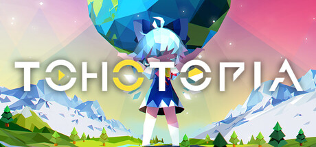 TOHOTOPIA key art showing a low-poly Touhou heroine holding up a stylized globe against a mountain skyline