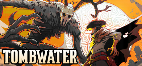 Tombwater key art showing a cloaked gunslinger facing a towering Eldritch bird-skulled horror
