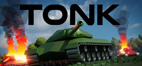 Header art for TONK showing a cartoon-style green tank driving through explosions with the game's blocky logo above it