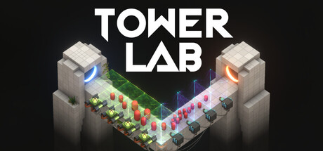 Tower Lab key art showing a physics-based structure with towers flinging enemies between two stone pillars