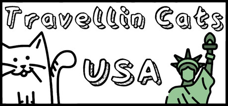 Travellin Cats in USA logo in a hand-drawn cartoon font beside a sketched cat and the Statue of Liberty
