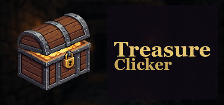 The Treasure Clicker logo beside an illustrated locked wooden treasure chest against a dark background
