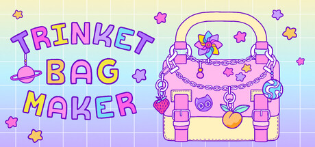 The Trinket Bag Maker logo in bubbly pastel letters beside a pink handbag hung with a pinwheel, chains, and fruit and cat charms