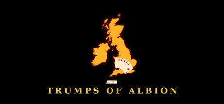 A flat black title card showing an orange silhouette map of Great Britain and Ireland with a hand of playing cards overlaid on southern England, above the serif title "TRUMPS OF ALBION"