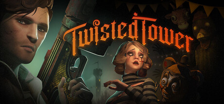 Key art for Twisted Tower showing Vincent, Charlotte, and corrupted fairground mascots around the tower's neon logo