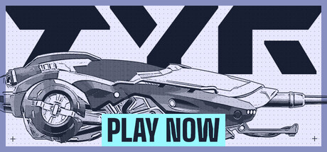 Tyr key art showing a stylized illustrated hover tank beside the game's angular logo and a Play Now button