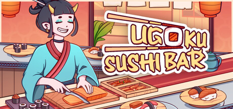 Cover art for Ugoku Sushi Bar showing an anime-style chef slicing fish at a sushi counter beside the game's logo