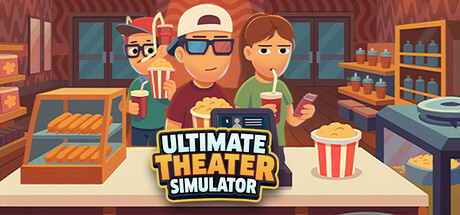 Key art for Ultimate Theater Simulator showing three cartoon theater staff carrying popcorn and soda behind a concession counter