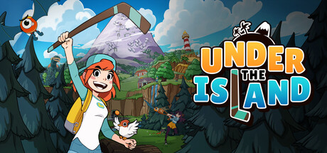 Nia raising a pickaxe beside a small bird companion, with Seashell Island's forest and lighthouse behind her