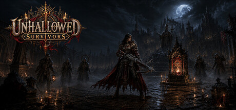 Dark fantasy key art of a cloaked, crossbow-wielding heroine walking toward a gothic cathedral lit by candles beneath a full moon, flanked by hooded cultist silhouettes