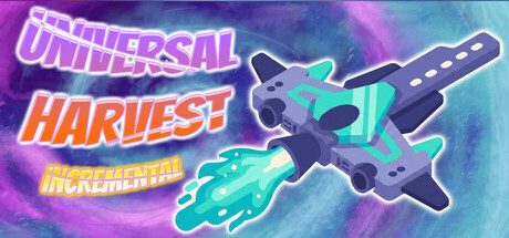Header art for Universal Harvest: Incremental showing the game's title in bold purple and orange lettering beside a small teal-and-gray spaceship trailing exhaust against a swirling purple nebula backdrop