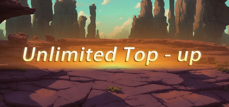 The Unlimited Top - up logo in bold cursive lettering over a cracked-earth desert landscape with distant rock spires under a teal sky