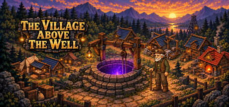 Pixel-art key art showing the village, its central well, and the grandfather standing beside it at sunset