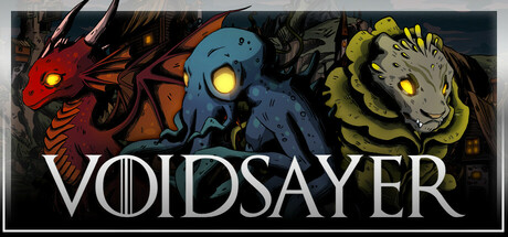 Voidsayer logo beside a red dragon, a blue ghost-like creature, and a stone-faced beast