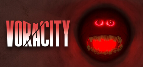 The Voracity logo beside a glowing red circular monster face with wide eyes and a toothy grin set into darkness