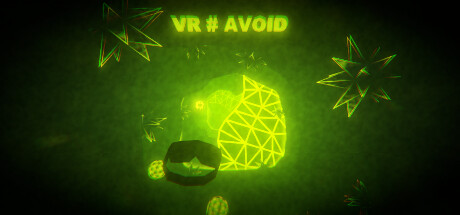 Glowing green wireframe grid wall with two glowing hand-controller spheres reaching toward it, the VR # AVOID logo above