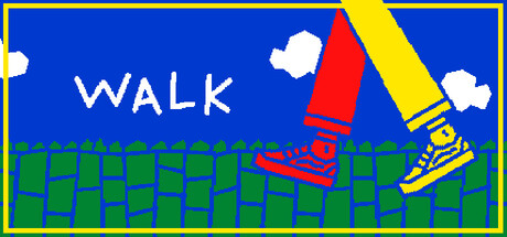 Header art for walk showing a pair of red and yellow sneakers mid-stride on a green brick path under a blue sky, next to the game's handwritten-style title