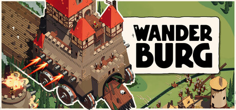 Key art of a wheeled castle with red-roofed towers rolling along a road beside the Wanderburg logo