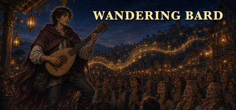 Painterly key art of a lute-playing bard performing before a warmly lit crowd of townsfolk, with musical notes rendered as glowing streams above their heads