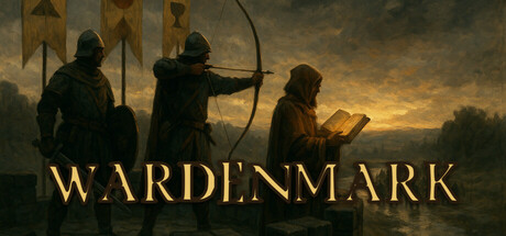 Painted key art for Wardenmark showing two armoured soldiers and a bow-drawing archer standing near a hooded figure reading a book beside water at dusk