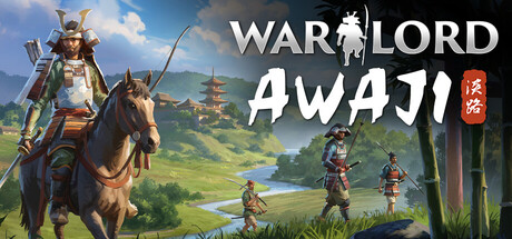 Warlord Awaji key art with a mounted samurai archer and warriors before a pagoda