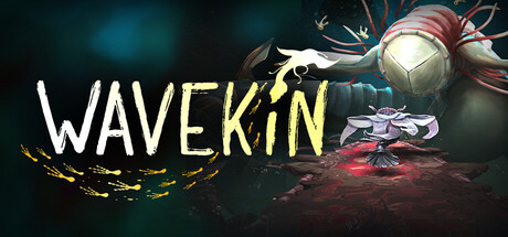 Wavekin logo art showing a small winged hatchling creature standing on a glowing red platform beside the game's title, with a large ancient sea creature looming above