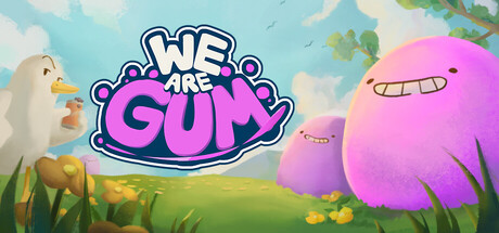 The We Are Gum wordmark logo over a bright spring meadow with a duck, apple and pear trees, and two pink gum blobs grinning nearby