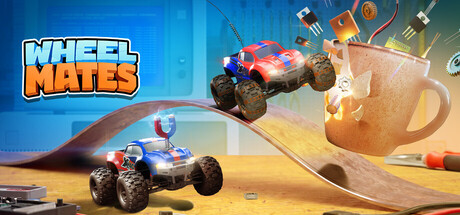 Key art for WheelMates, showing two toy RC cars leaping past a giant coffee cup on a workbench
