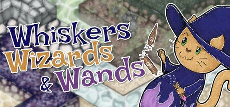 Logo art for 'Whiskers Wizards & Wands' beside a hand-drawn illustration of an orange wizard cat in a purple hat and cloak holding a wand