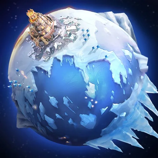 Whiteout Survival key art showing a frost-covered, half-frozen planet with a survivor settlement clinging to the one thawed corner