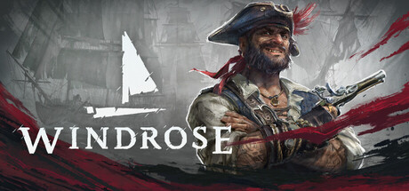 Windrose key art showing a grinning bearded pirate captain holding a flintlock pistol in front of a ship's sail and the game's logo