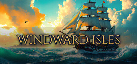 Painterly key art of a full-sailed galleon cutting through blue waves under a golden sunset sky, with the game's logo overlaid in gold serif type
