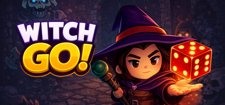 Key art of a young witch holding a glowing red six-sided die, with skeletons visible in the background dungeon