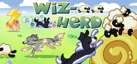 Cartoon key art of two dogs herding cartoon sheep on a green field beside the Wiz-Herd logo