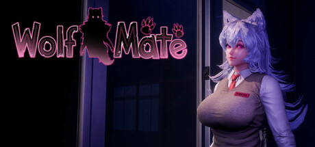 Wolf Mate key art showing Freya, a wolf-eared pursuer, standing in a darkened school hallway beside the game's logo