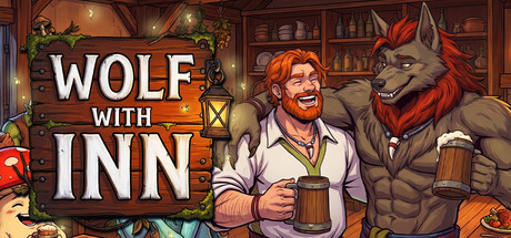 Wolf with Inn key art showing a werewolf and a tavern keeper sharing a drink behind the bar