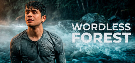 A soaked, shivering man stands in heavy rain beside a rushing whitewater river, with the Wordless Forest logo in bold white lettering beside him
