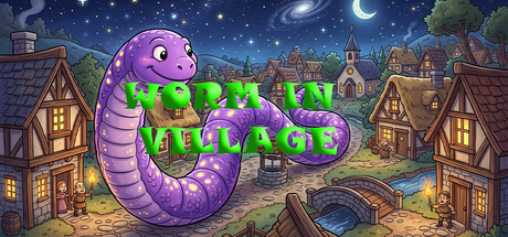 A cartoon purple worm coiled around the Worm In Village logo above a moonlit fantasy village
