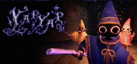 The YAPYAP logo beside a hooded minion holding a glowing pink wand, with two smaller robed companions behind