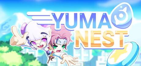 The Yuma Nest logo in bold white and orange lettering beside two cartoon anime-style characters reaching toward the camera, set against a pastel cityscape