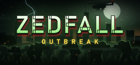 ZedFall: Outbreak key art, glowing green title text over a silhouetted zombie horde beneath a rescue helicopter