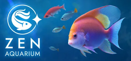 Zen Aquarium logo beside a school of brightly coloured tropical fish swimming against a blue underwater backdrop