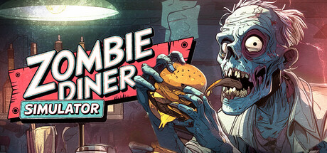 Key art for Zombie Diner Simulator showing a grinning zombie biting into a burger under the game's neon-diner logo