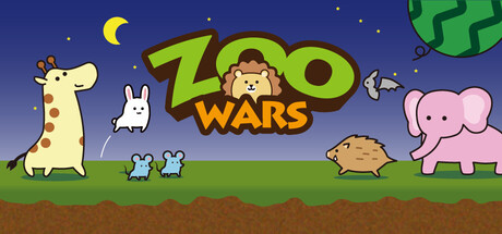Zoo Wars logo art with a giraffe, rabbit, mice, hedgehog and elephant lined up in front of a night sky