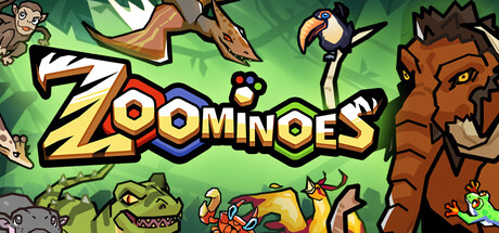 Cover art for Zoominoes showing a ring of cartoon animals, including a toucan, mammoth, and pangolin, around the game's bold logo
