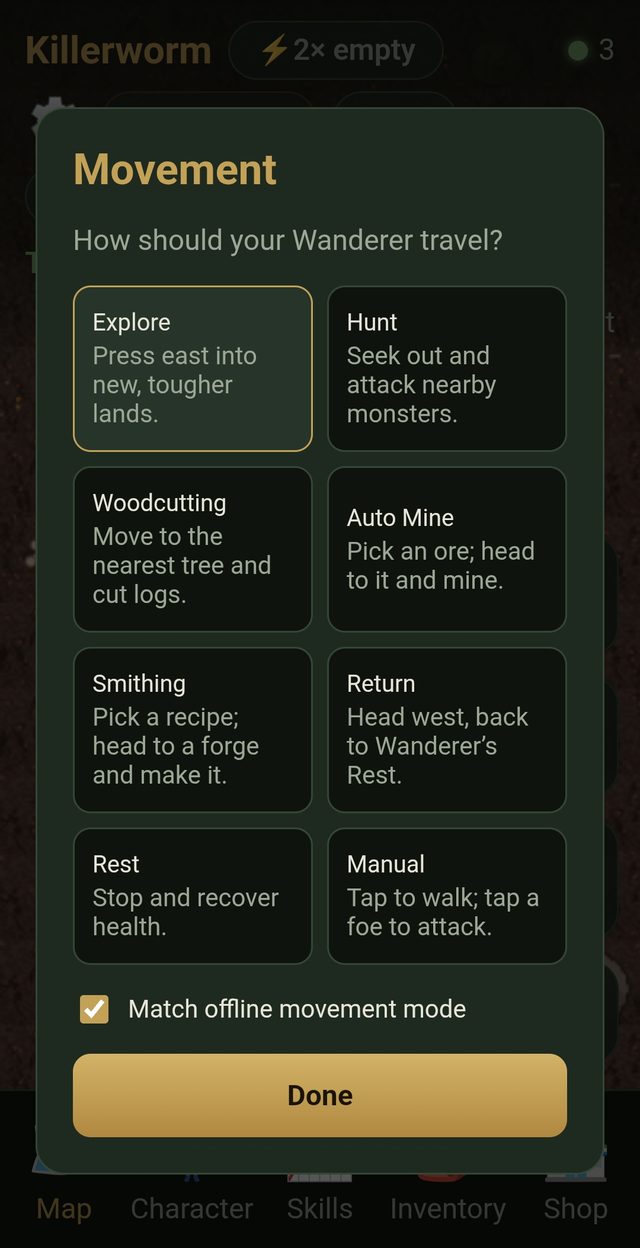Movement and offline mode selection